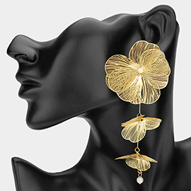 Pearl Tip Metal Filigree Flower Petal Drop Earrings