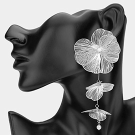 Pearl Tip Metal Filigree Flower Petal Drop Earrings