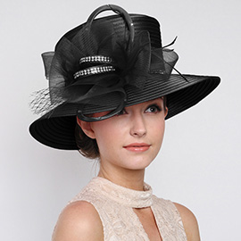 Rhinestone Accented Bow Feather Pointed Dressy Hat