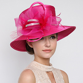 Rhinestone Accented Bow Feather Pointed Dressy Hat