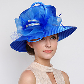 Rhinestone Accented Bow Feather Pointed Dressy Hat