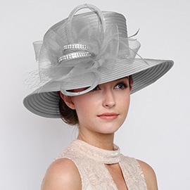 Rhinestone Accented Bow Feather Pointed Dressy Hat