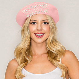 Pearl Stone Cluster Embellished Wool Beret Hat