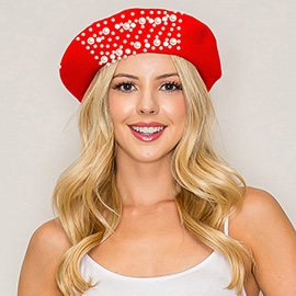 Pearl Stone Cluster Embellished Wool Beret Hat