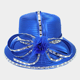 Rhinestone Rim Embellished Flower Bow Pointed Dressy Hat