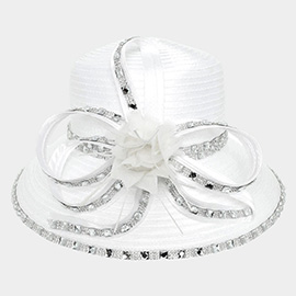 Rhinestone Rim Embellished Flower Bow Pointed Dressy Hat