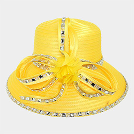 Rhinestone Rim Embellished Flower Bow Pointed Dressy Hat