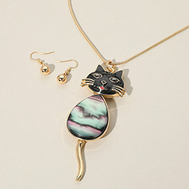 Abalone Enamel Cat Pendant Long Necklace