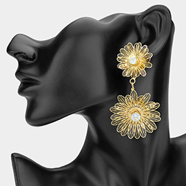 Stone Pointed Metal Filigree Flower Link Dangle Earrings