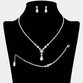 Teardrop Cluster Pendant Flower Pointed Rhinestone Paved Jewelry Set