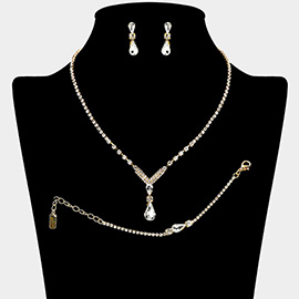 Teardrop Stone Cluster Pendant Pointed Rhinestone Paved Jewelry Set