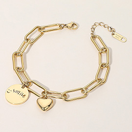 SECRET BOX_Stainless Steel Smil Engraved Disc Heart Charm Paperclip Chain Bracelet