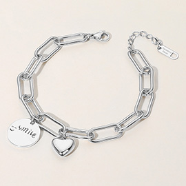 SECRET BOX_Stainless Steel Smil Engraved Disc Heart Charm Paperclip Chain Bracelet