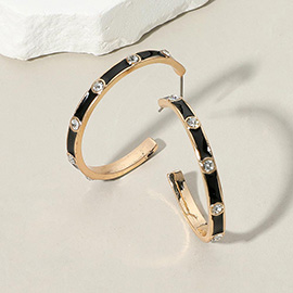 Round Stone Bezel Around Enamel Hoop Earrings