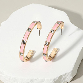 Round Stone Bezel Around Enamel Hoop Earrings
