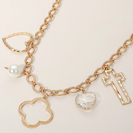 Open Quatrefoil Heart Cross Pearl Charm Station Necklace