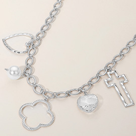 Open Quatrefoil Heart Cross Pearl Charm Station Necklace