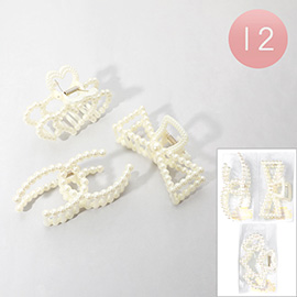 12 SET OF 3 - Pearl Bow Heart Double C Hair Claw Clips