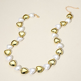 Pearl Metal Heart Beaded Necklace