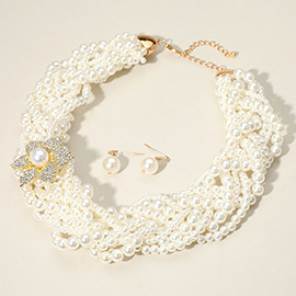 Stone Paved Pearl Flower Pointed Statement Necklace