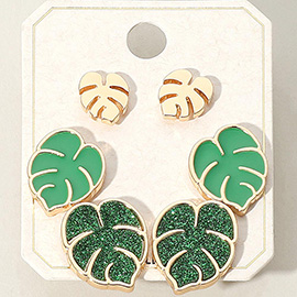 3Pairs - Metal Enamel Tropical Leaf Stud Earring Set