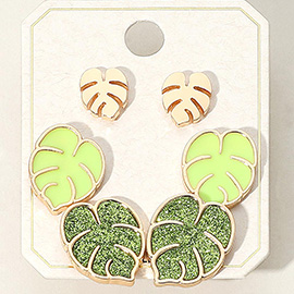 3Pairs - Metal Enamel Tropical Leaf Stud Earring Set