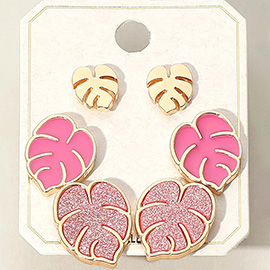 3Pairs - Metal Enamel Tropical Leaf Stud Earring Set