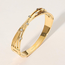 Stainless Steel Stone Bezel Embellished Split Twisted Hinged Bangle Bracelet