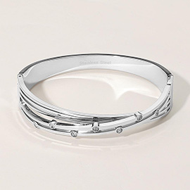 Stainless Steel Stone Bezel Embellished Split Twisted Hinged Bangle Bracelet