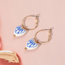 Bow Printed Ceramic Heart Dangle Hoop Earrings
