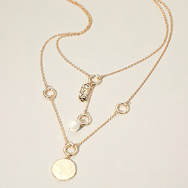 Pearl Drop Round Medal Pointed Double Layered Necklace