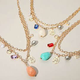 Natural Stone Pearl Metal Coin Stone Cluster Charm Station Double Layered Necklace