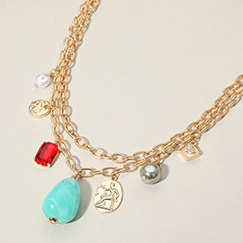 Natural Stone Pearl Metal Coin Stone Cluster Charm Station Double Layered Necklace