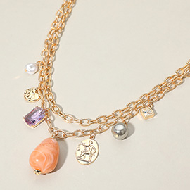 Natural Stone Pearl Metal Coin Stone Cluster Charm Station Double Layered Necklace