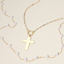 Metal Cross Pendant Pointed Pearl Chain Layered Necklace