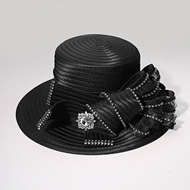 Rhinestone Embellished Flower Bow Pointed Dressy Hat