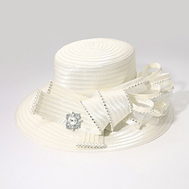 Rhinestone Embellished Flower Bow Pointed Dressy Hat