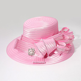 Rhinestone Embellished Flower Bow Pointed Dressy Hat