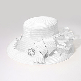 Rhinestone Embellished Flower Bow Pointed Dressy Hat