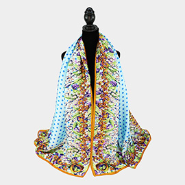 Flower Polka Dot Pattern Printed Oblong Silky Satin Scarf Shawl