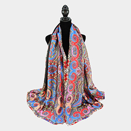 Abstract Paisley Pattern Printed Oblong Silky Satin Scarf Shawl