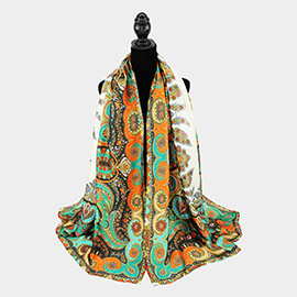 Abstract Paisley Pattern Printed Oblong Silky Satin Scarf Shawl