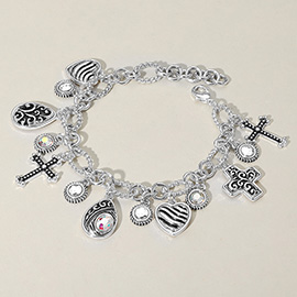 Antique Metal Cross Teardrop Heart Stone Charm Station Bracelet