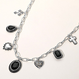 Antique Metal Oval Teardrop Rectangle Stone Cluster Metal Heart Cross Charm Station Necklace