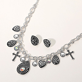 Two Tone Antique Metal Cross Teardrop Stone Cluster Charm Station Necklace