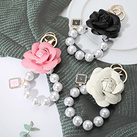 Faux Leather Rose Chunky Pearl Beaded Link Keychain / Bag Charm