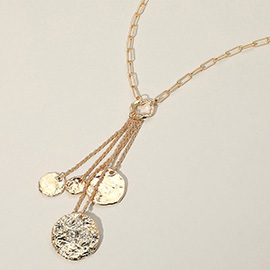 Multi Hammered Metal Coin Drop Pendant Paperclip Chain Long Necklace