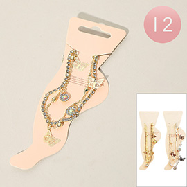 12PCS - Metal Cutout Butterflower Flower Stone Charm Station Rhinestone Chain Layered Anklets