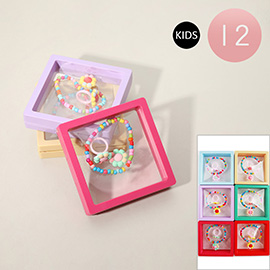 12 SET OF 2 - Kids Flower Charm Beaded Stretch Bracelet Adjustable Ring Set