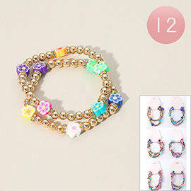 12 SET OF 2 - Flower Metal Beaded Stretch Multi Layered Bracelets